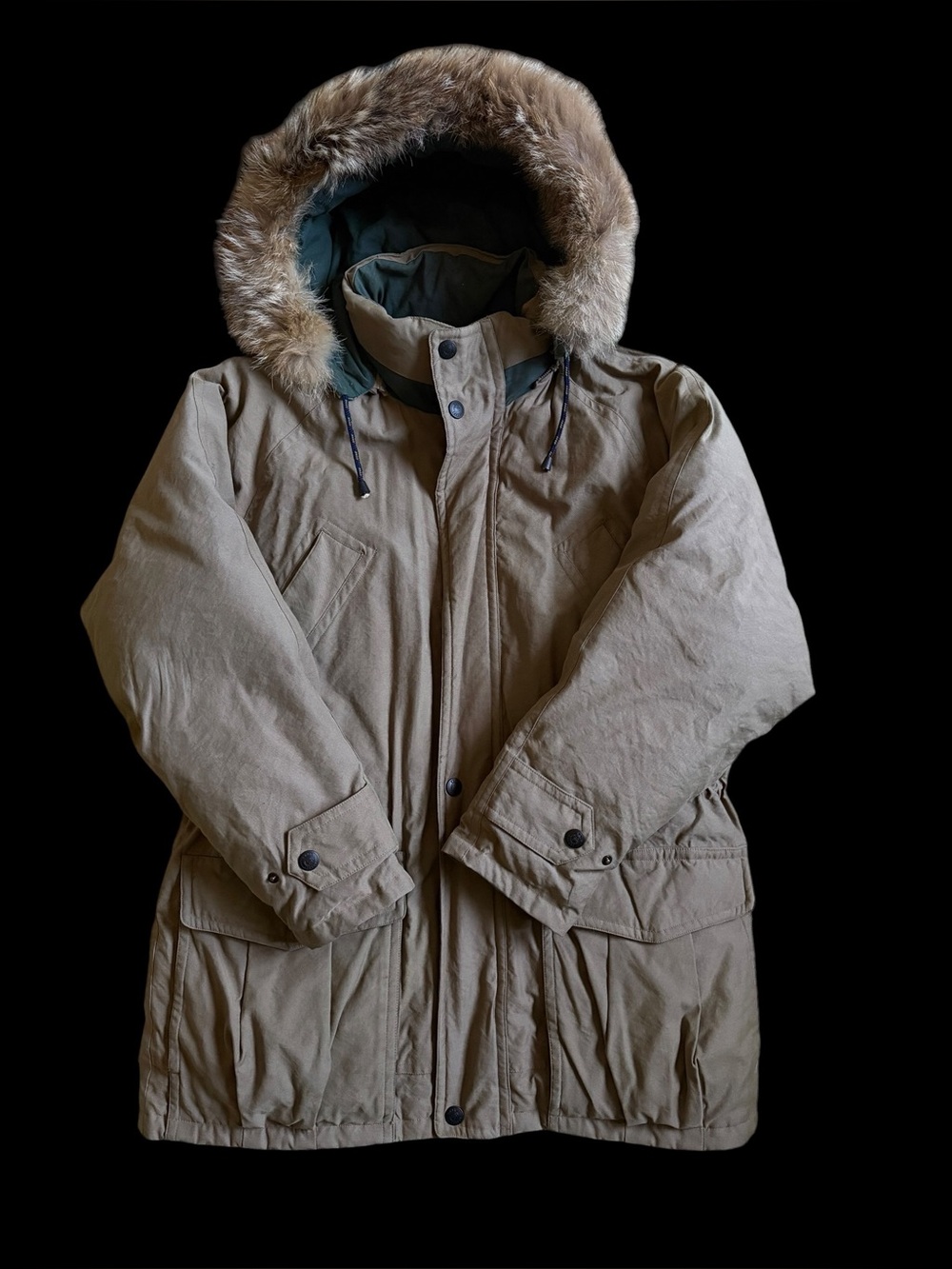Vintage Rainforest Men’s Khaki Down Filled Winter Parka Jacket Size L Fur Trim